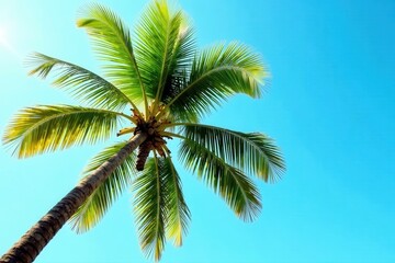 Leaning palm, vibrant green leaves against clear sky, texture, single, tree