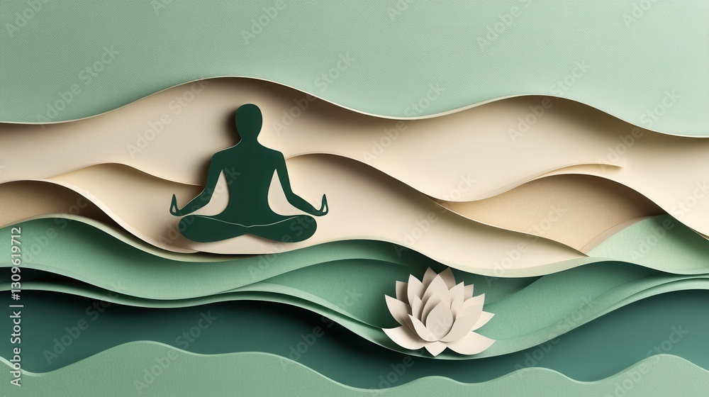 Fototapete calming paper art background with meditating figure and lotus flower creating a serene atmosphere of