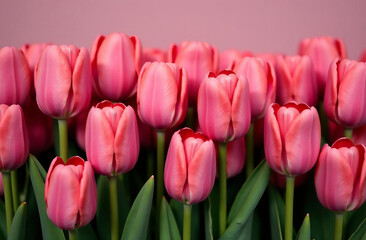 Obraz premium 3D tulips, pattern of red tulips, place for text, flowers background