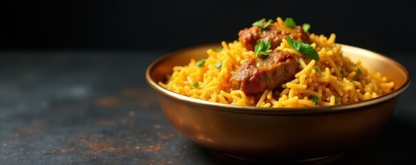 Mutton Biryani in gleaming golden bowl Dark backdrop , isolated, fragrant