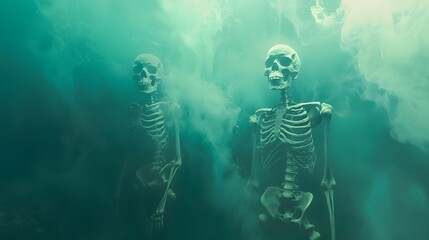 depiction of glowing human skeletal figures floating in a serene misty and otherworldly environment creating a sense of mystery and the supernatural