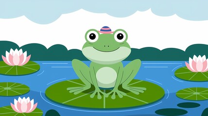 Obraz premium Illustration of a Cute Green Frog Sitting on a Lily Pad Wearing a Tiny Striped Hat in a Cloudy Pond