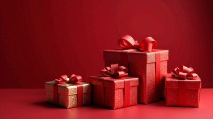 Obraz premium Red and Gold Gift Boxes on a Red Surface A Festive Presentation of Wrapped Presents