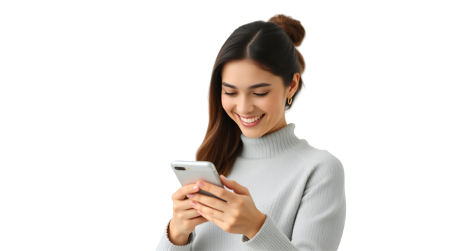 Photo of happy women using mobile phone isolated on transparent background.png