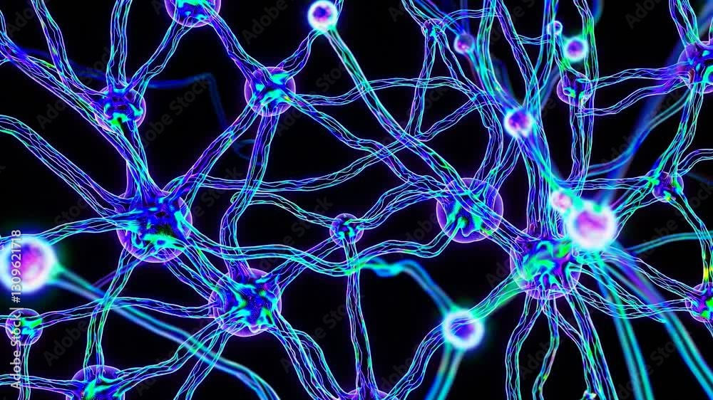 Poster complex network of interconnected neurons transmitting electrical signals through synapses, represen