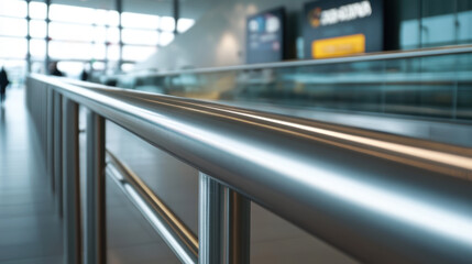 Fototapeta premium The stainless steel handrail reflects ambient light in a contemporary indoor area, enhancing safety and elegance in a bustling space