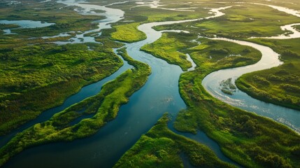 Breathtaking Aerial View of Verdant Meandering Water Channels