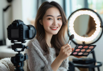 Social media beauty Asian female influencer recording video stream about cosmetics make up products at home studio. Mirror behind beautiful woman holding eyeshadow palette