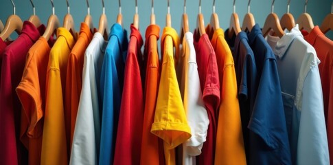 Rows of diverse garments hanging on metal hangers , clothing store, metal, shop display
