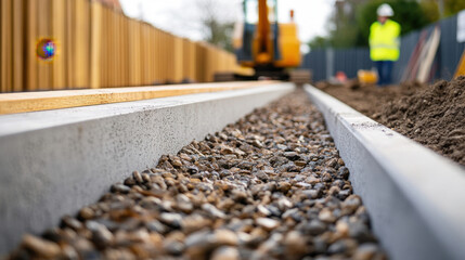 Concrete and timber beams are positioned along a gravel path, with construction machinery visible in the background on a clear day