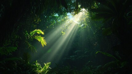 Sunbeams pierce jungle canopy, illuminating lush flora