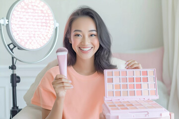 Social media beauty female influencer recording video stream about cosmetics make up products at professional pastel studio. Mirror and lamp behind beautiful woman holding eyeshadow palette