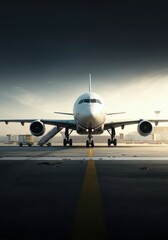 Airplane on the runway ready for takeoff at sunset
