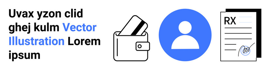 Wallet containing cards, user profile icon, and signed prescription document. Ideal for personal information management, secure transactions, healthcare, online profiles, digital identity, privacy