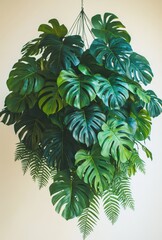 Tropical Indoor Hanging Plant Display with Lush Green Monstera Leaves and Ferns for Home Decor and Interior Design Inspiration