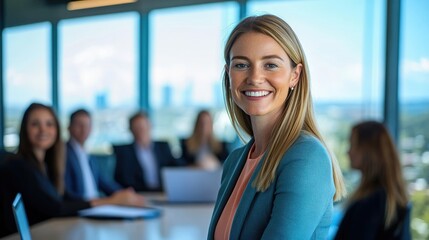 A smiling woman in a business setting appears confident and ready