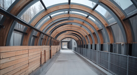This unique tunnel features a long arched design, combining steel and wood, creating a peaceful passageway amid nature
