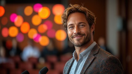 Obraz premium A well-dressed man stands at a podium, smiling and engaging with an audience.