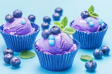 Blueberry Ice Cream Cupcakes - Three delightful purple blueberry ice cream cupcakes in blue liners, garnished with fresh blueberries and mint, sit on a light blue background