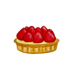 Digital watercolor illustration of a strawberry tart. Hand drawn illustration of dessert.