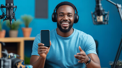 African American male podcaster recording video audio podcast from studio. Content creator, influencer with application app on smartphone.
