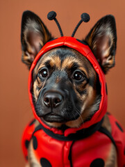 Obraz premium Close-up portrait photography of a cute norwegian elkhound wearing a ladybug costume against a copper brown background. With technology