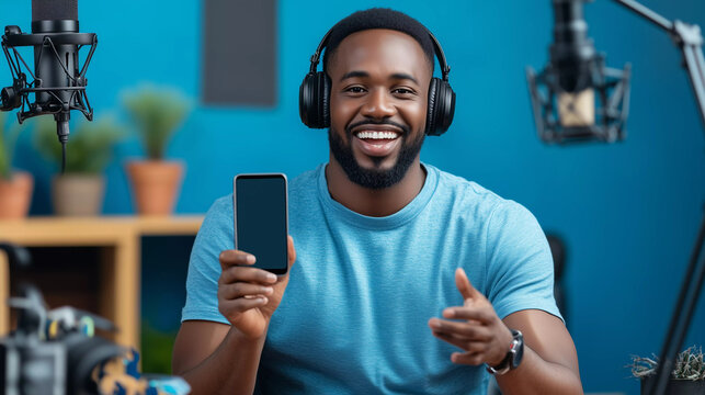 African American male podcaster recording video audio podcast from studio. Content creator, influencer with application app on smartphone.
