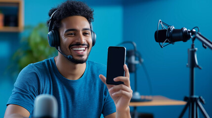 Male podcaster recording video audio podcast from studio. Content creator, influencer with application app on smartphone.