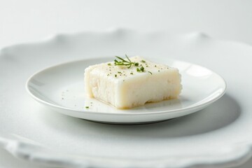 Snow-white cod fillet, pristine, minimalist backdrop, food photography, delicious