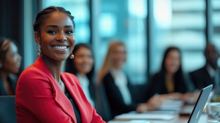 A smiling business woman in a red blazer at a meeting
