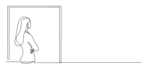 continuous line drawing of business woman looking at the window.one line drawing of business woman standing staring outdoors.single line vector illustration.isolated white background