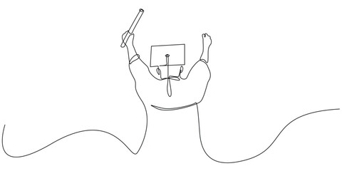 continuous line drawing of graduation joy expression.one line drawing of male graduate standing stretching his arms up.single line vector illustration of educational success.isolated white background