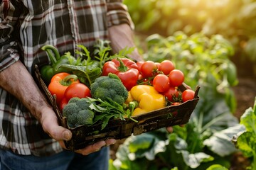Fototapeta premium A farmer presenting a basket filled with various fresh vegetables like tomatoes, broccoli, and peppers, harvested from a sunlit garden promoting sustainable and organic agriculture.