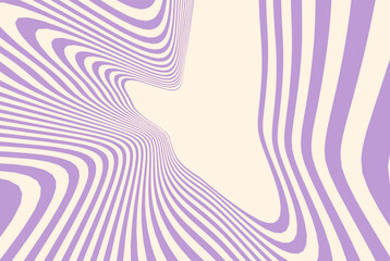 Abstract optical illusion background with purple and beige wavy lines creating a dynamic vortex effect. Psychedelic pattern with distorted curved stripes for retro futuristic design.