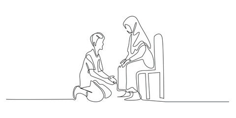 continuous line drawing of Asian man prostrating before mother.one line drawing of man apologizing to mother.portrait of man asking forgiveness of mother