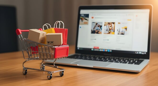 Cajas de paquetes de productos y bolsa de compras en carrito con computadora port&aacute;til que tienda web compra en pantalla para compras en l&iacute;nea y concepto de entrega
