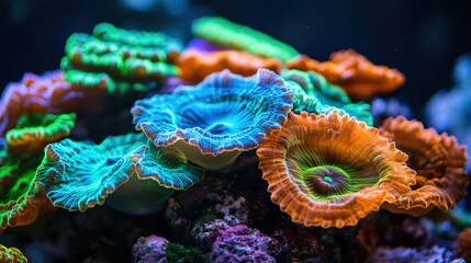 Obraz premium Vibrant orange-brown coral with blue-green hues forms an intricate, sprawling pattern in this stunning underwater landscape