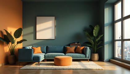 a living room with a blue couch, orange walls, and a large window.