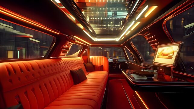 Luxurious interior of a modern limousine with vibrant lighting, showcasing plush seating and technology