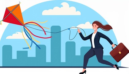 Fototapeta premium A professional woman launching a kite while carrying a briefcase, symbolizing career success, ambition, and personal growth. Ideal for business, empowerment, and success-themed visuals. 