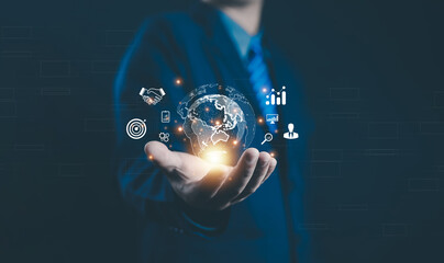 Hands showing the world of digital marketing, business concept, technology, international market,...