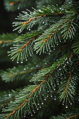 a close up of a pine tree with water droplets on it