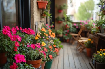 Vibrant Flowering Plants Adorning a Cozy Balcony with Colorful Petunias, Geraniums, and Lush Greenery in a Serene Outdoor Space