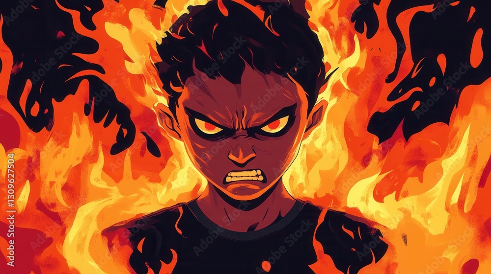 Poster angry person surrounded by flames with intense expression in bold red and black colors depicting raw
