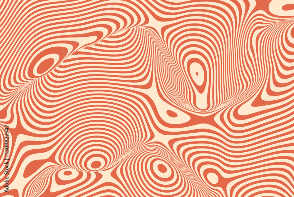 Poster abstract wavy pattern with curved orange and beige lines creating an optical illusion of depth and f
