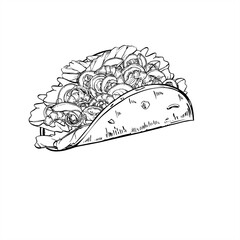 Tacos filling with vegetables, shrimps, salad leaves vector illustration in black and white. Corn tortilla wrap food etching drawing. Traditional Mexican take away burritos sketch for menu design