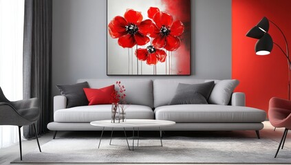 Modern living room with bold red poppy artwork.