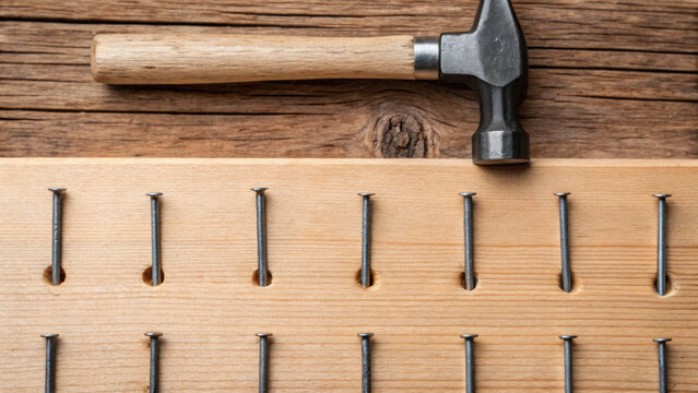 hammer resting on wooden board with bent nails, showcasing craftsmanship