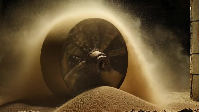 Antique Grinding Wheel in Operation Dust and Particles Suspended in the Air, milling