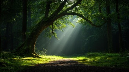 Obraz premium Sunbeams through forest trees, path ahead